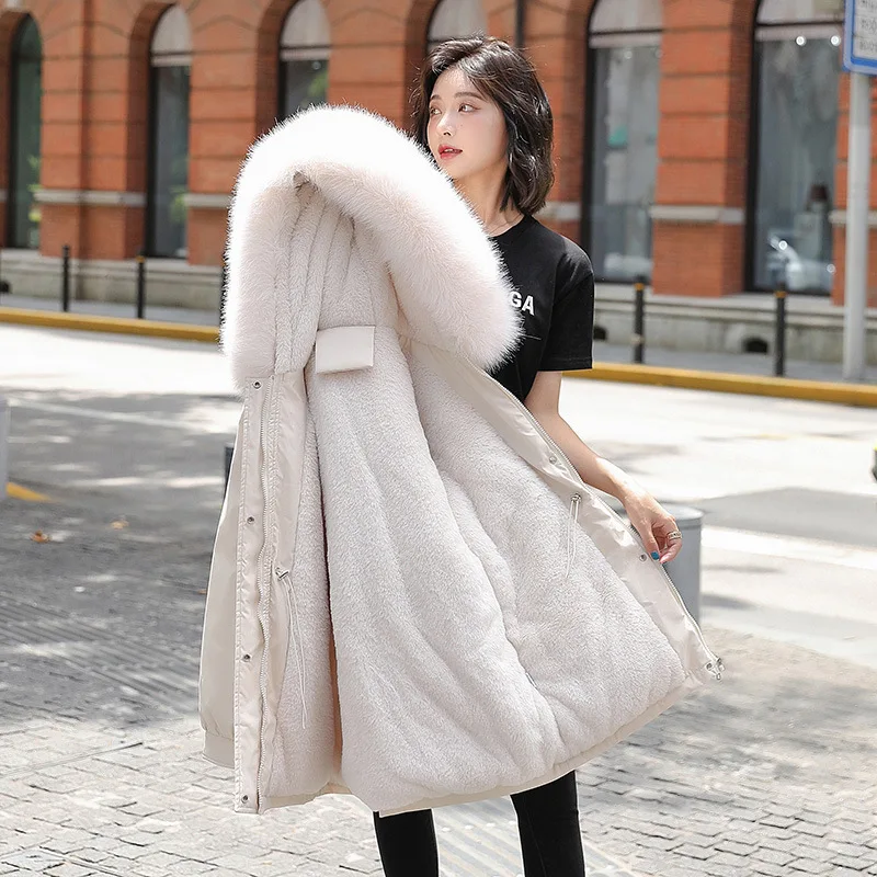 Winter New Women Parka Coats Fashion Design Slim Fit Warm Down Jacket Plus Fleece Collar Black Mid-length Coat Female Clothing