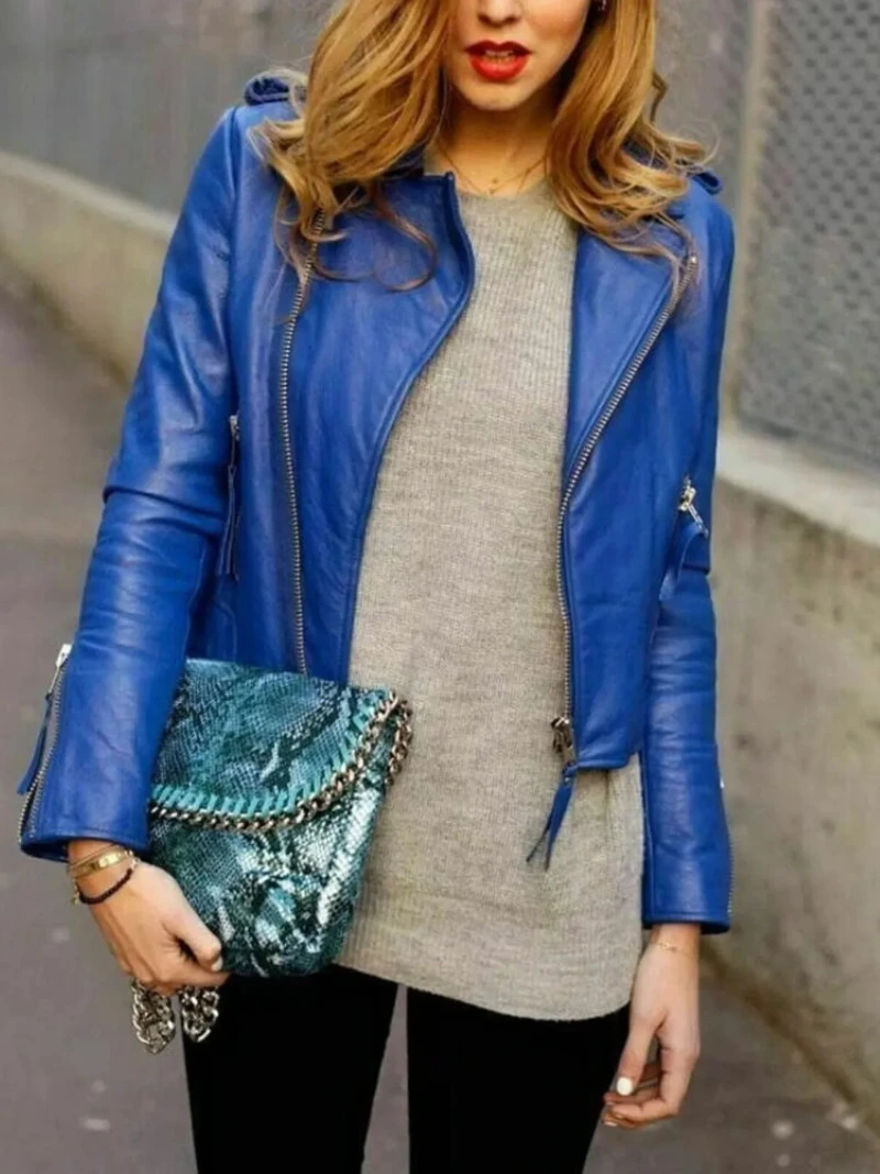 Women Blue Jacket 100% Real Genuine Leather Women Slim Fit Biker Coat Fashion Outwear