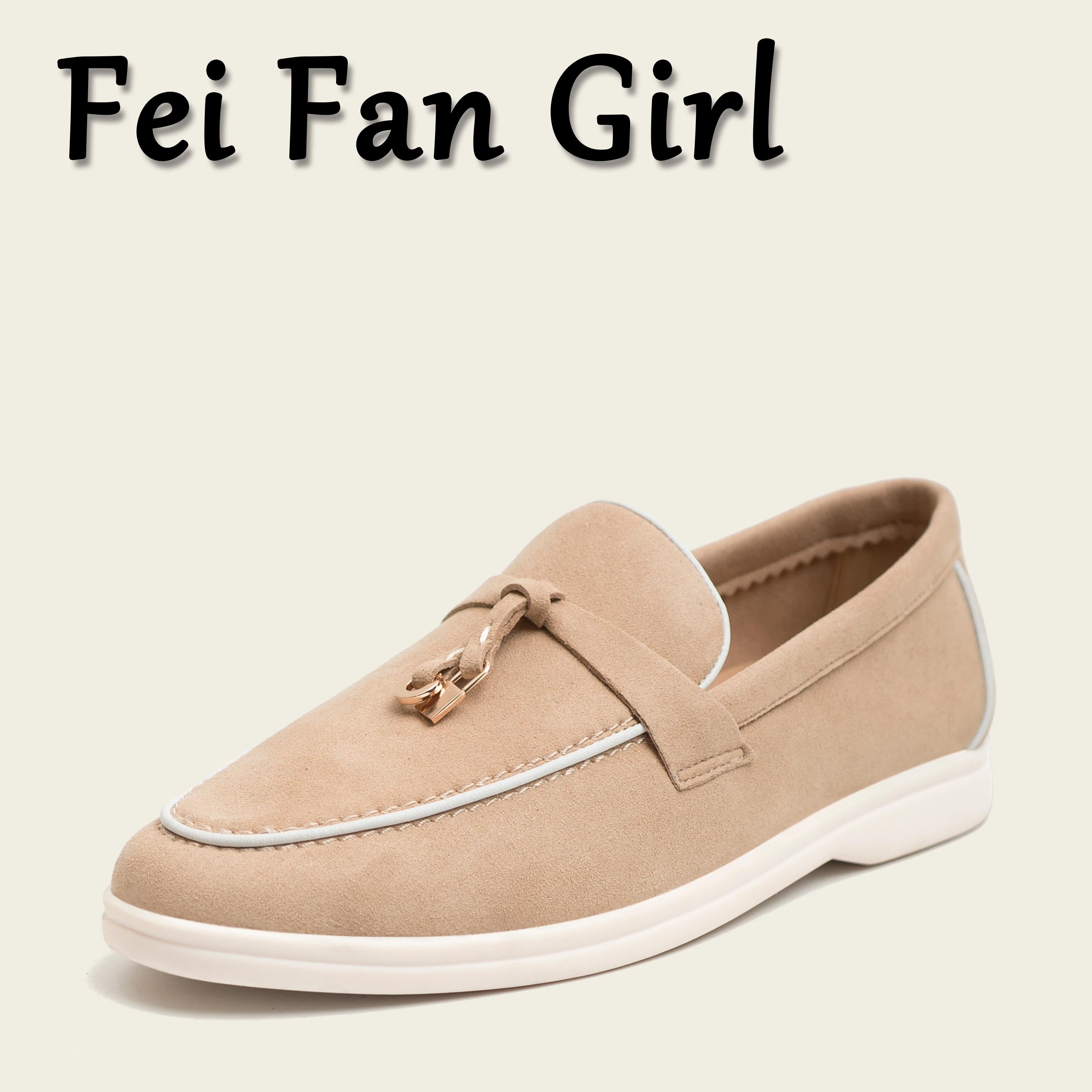 

Genuine Leather Loafers Women Flat Shoes Khaki Casual Moccasin Shoes Leather Tassel Metal Lock Lazy Slip on Mules