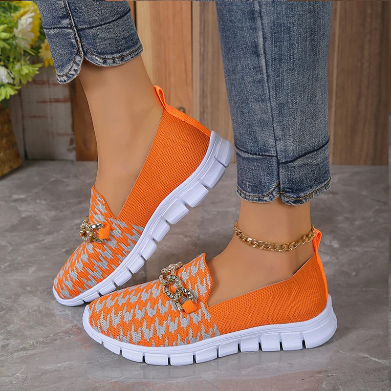 Houndstooth Loafers Woman Luxury Rhinestone Chain Buckle Moccasins Ladies Summer Breathable Knitted Slip-on Sneakers Plus Size