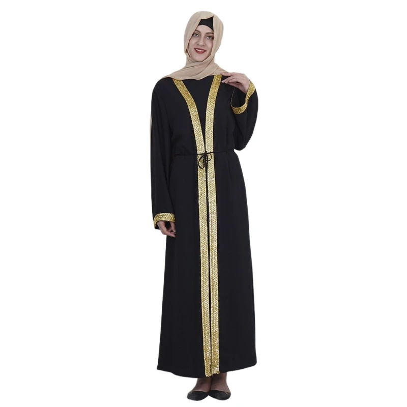 

Women's Muslim Long Sleeve Abaya With Tassel Belt Elegant Golden Embroidered Edging Arab Islam Ethnic Apparels
