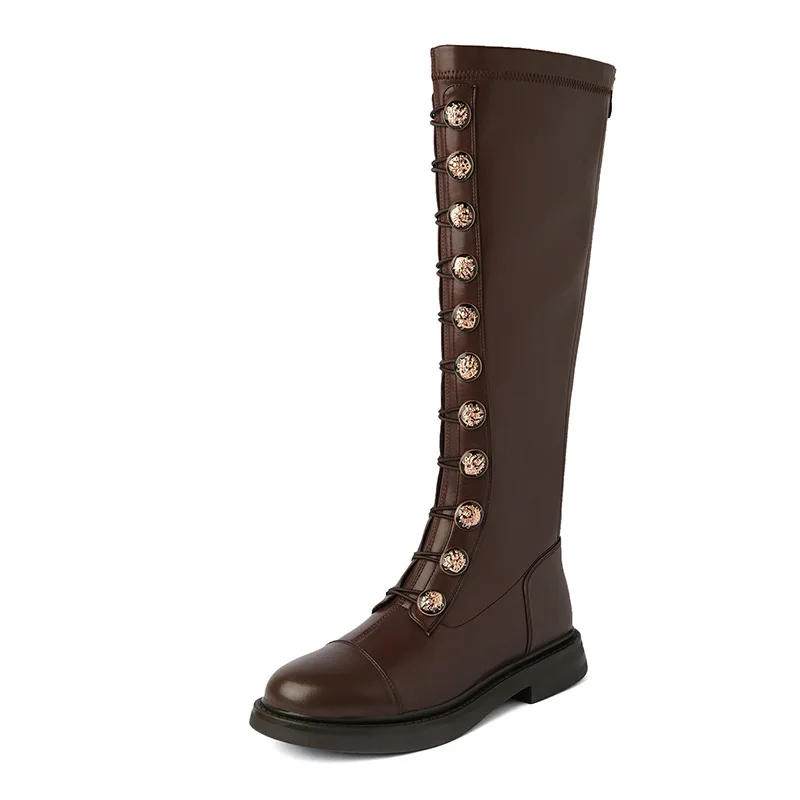 

Real Leather Med Heel Knee High Boots Women Boots Block Heel Slim Stretch Shoes Zipper Female Long Boots Autumn Winter