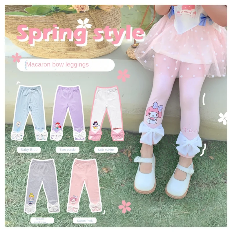 Kawaii Sanrios My Melody Printed Girls' Bow Tie Leggings Short Sleeved Princess Skirt Cute Summer Sweet Thin Pants T-shirt Dress