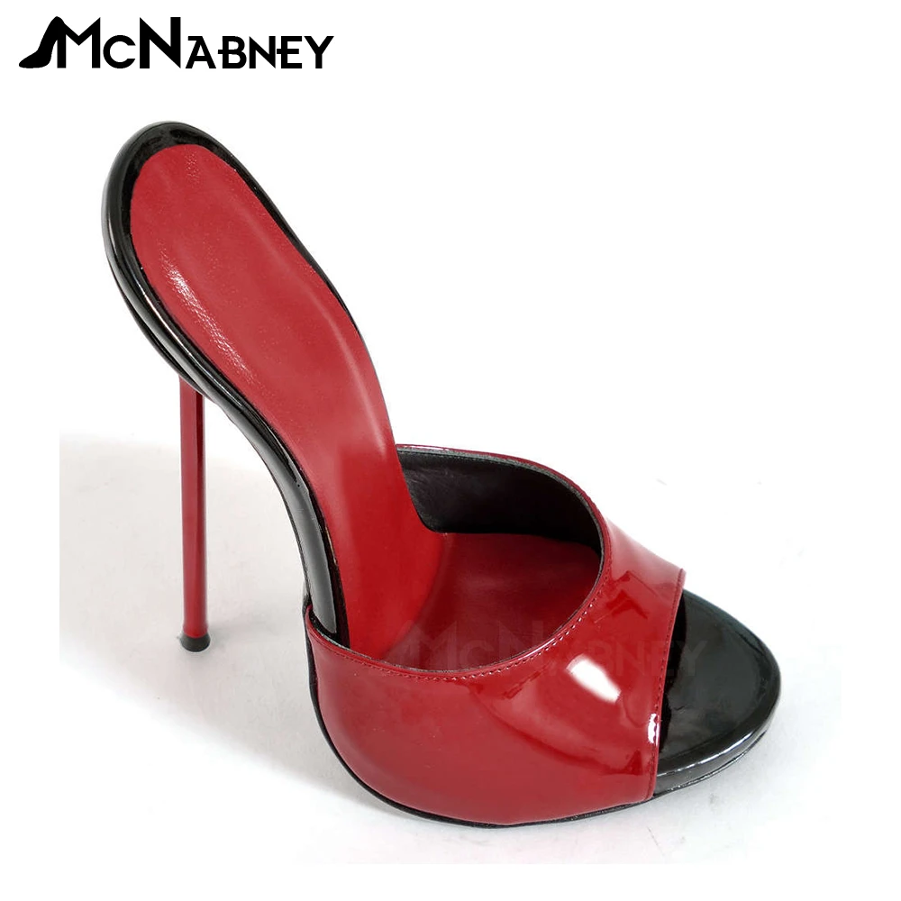 Туфли женские на шпильке пикантные сандалии с открытым носком лакированная кожа