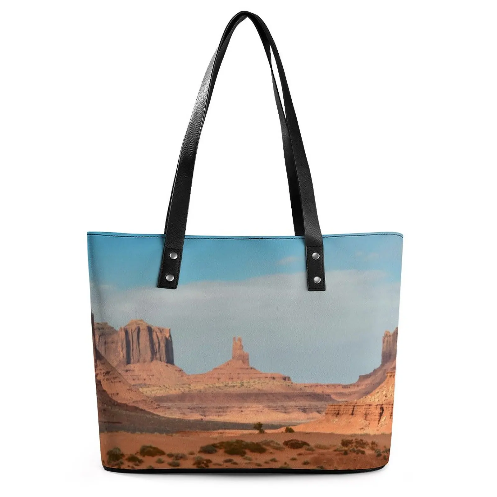 

Western Desert Handbags Blue Sky Print Top-Handle Tote Bag Cute PU Leather Shoulder Bag Student Work Graphic Design Shopper Bags