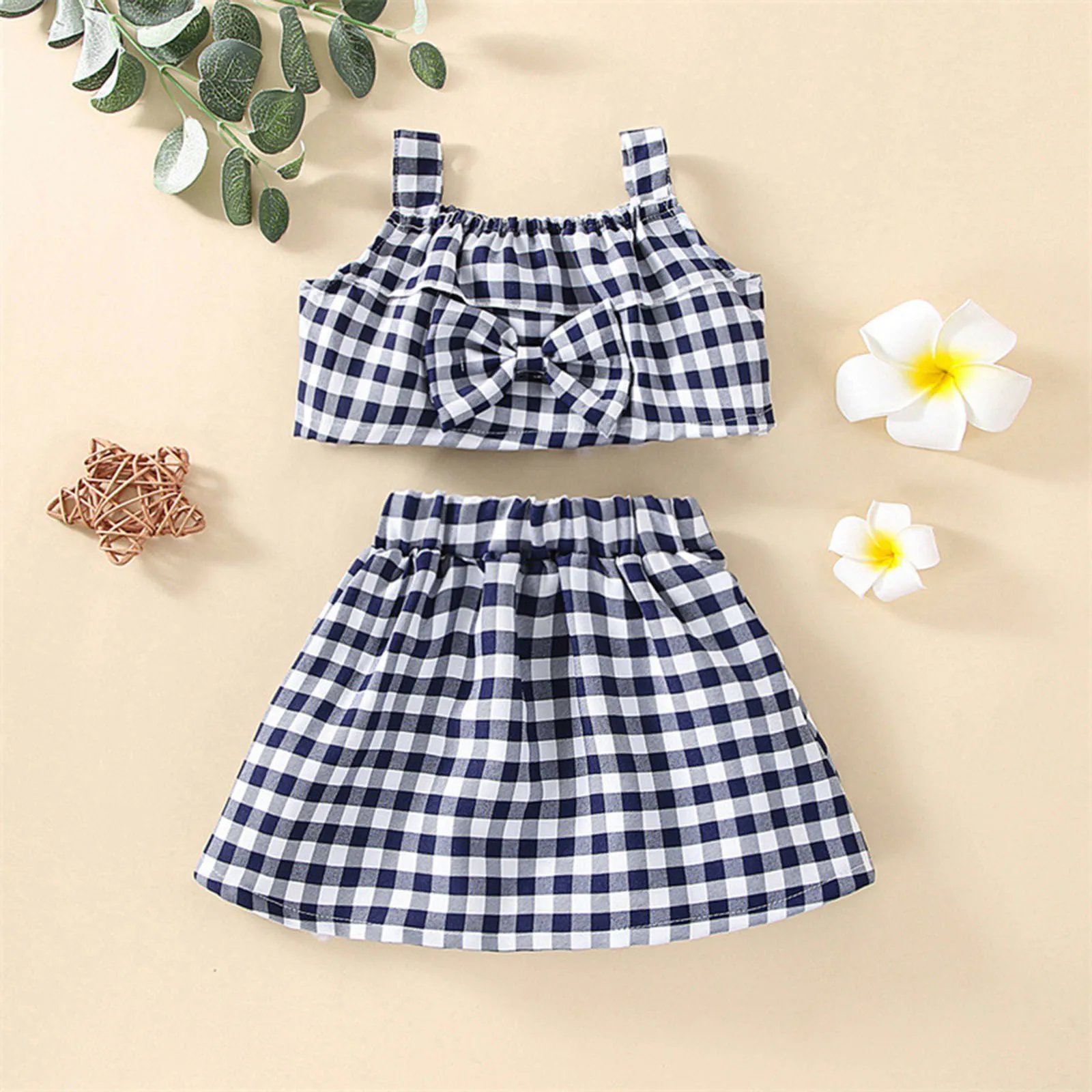 

Clothing for Teen Girls Toddler Kids Girls Clothes Casual Beach Plaid Print Sleeveless Strap Suspenders Top Little Girls Set