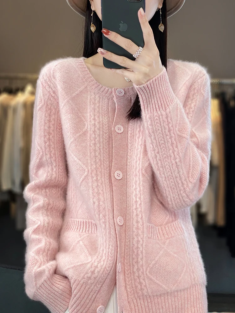 Новый шикарный осенне-зимний женский кардиган с круглым вырезом свитер из 100%