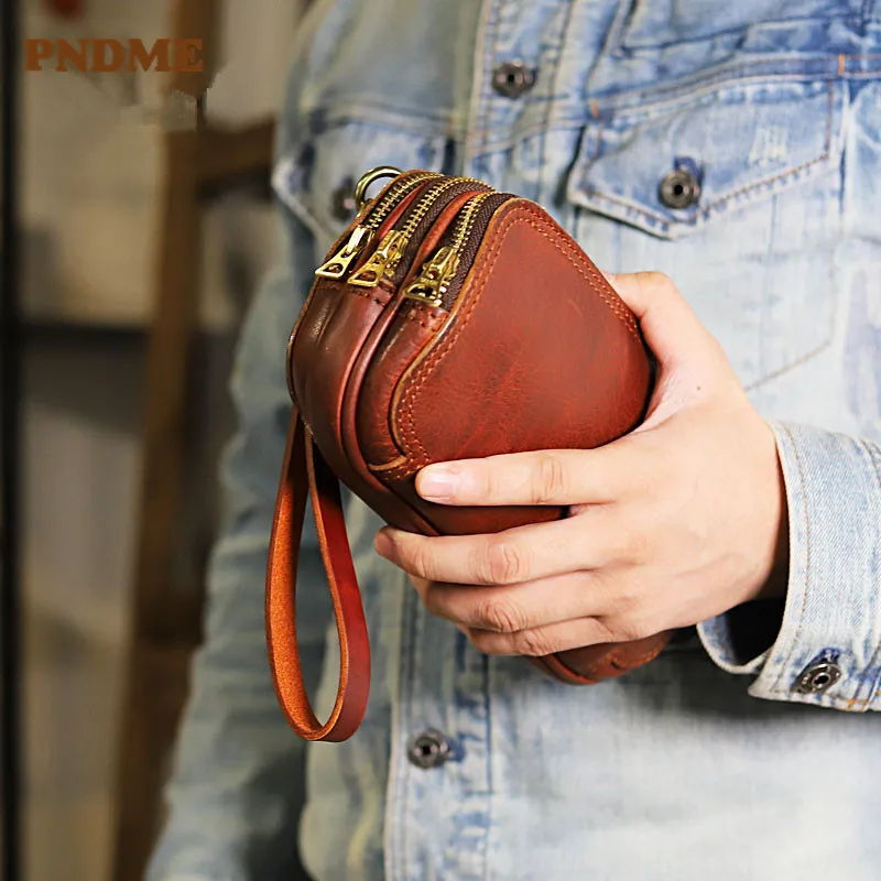 PNDME high-quality natural real cowhide men's clutch bag original handmade genuine leather large-capacity multi-zipper wallet
