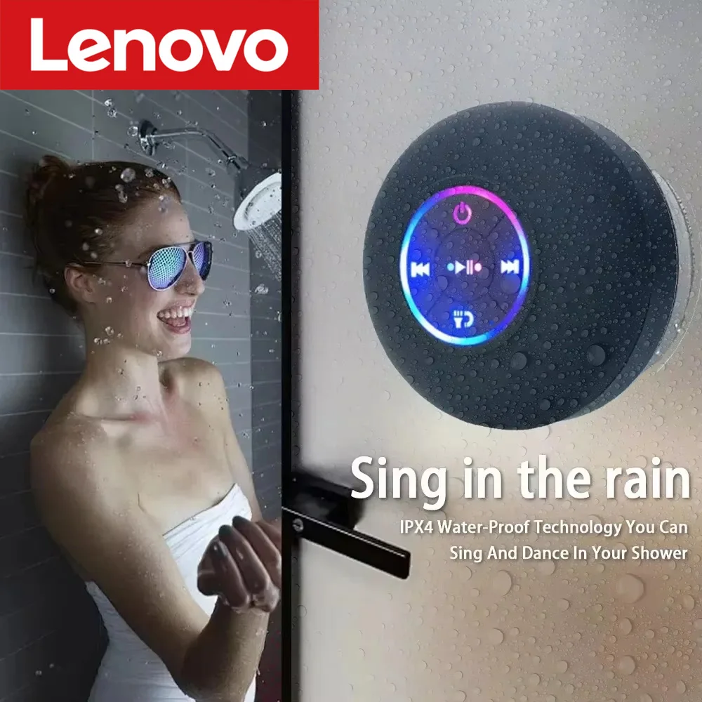 Фото Портативная настенная колонка Lenovo с Bluetooth, водонепроницаемая (IPX4), со светодиодной подсветкой, для ванной и улицы, с большой присоской для крепления №1