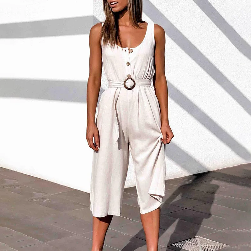 2021 Summer Casual Overalls Ladies Women Elegant High Waist Sleeveless Solid Jumpsuits with Sashes Wide Leg Rompers for Female