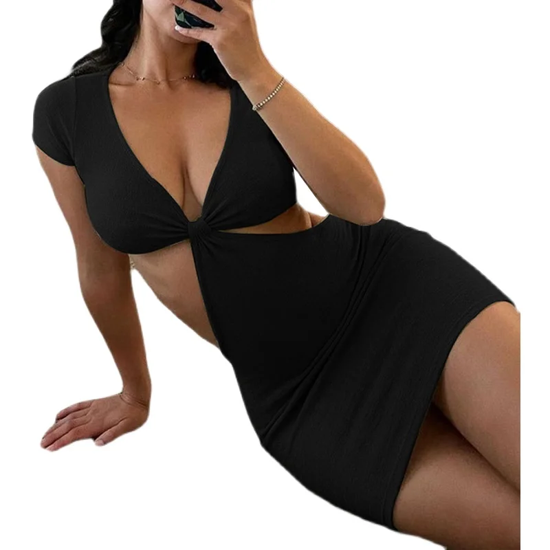 

2022European American Summer New Sexy Package Hip Short SleeveVCollar Hollow-out Short Sheath Dress