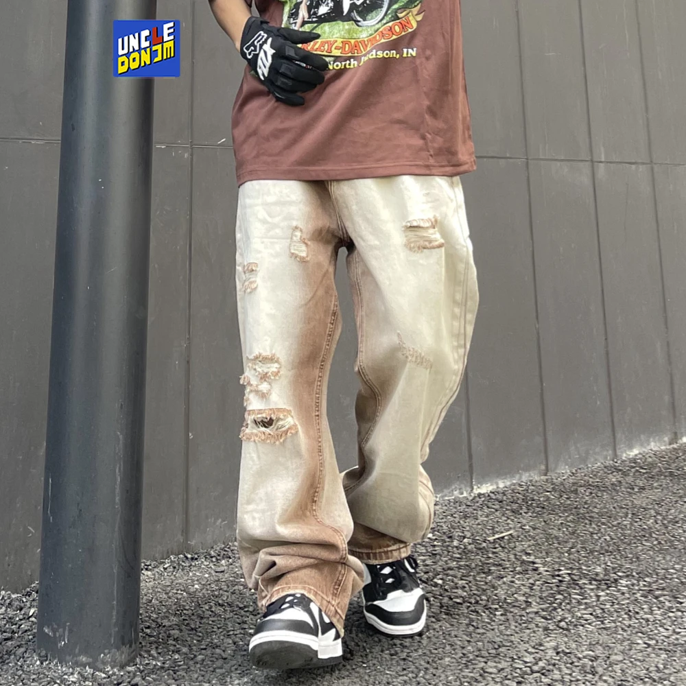 

Винтажные рваные джинсы UNCLEDONJM, мужские повседневные брюки в стиле Харадзюку, уличная одежда, модные прямые брюки, мешковатые джинсы