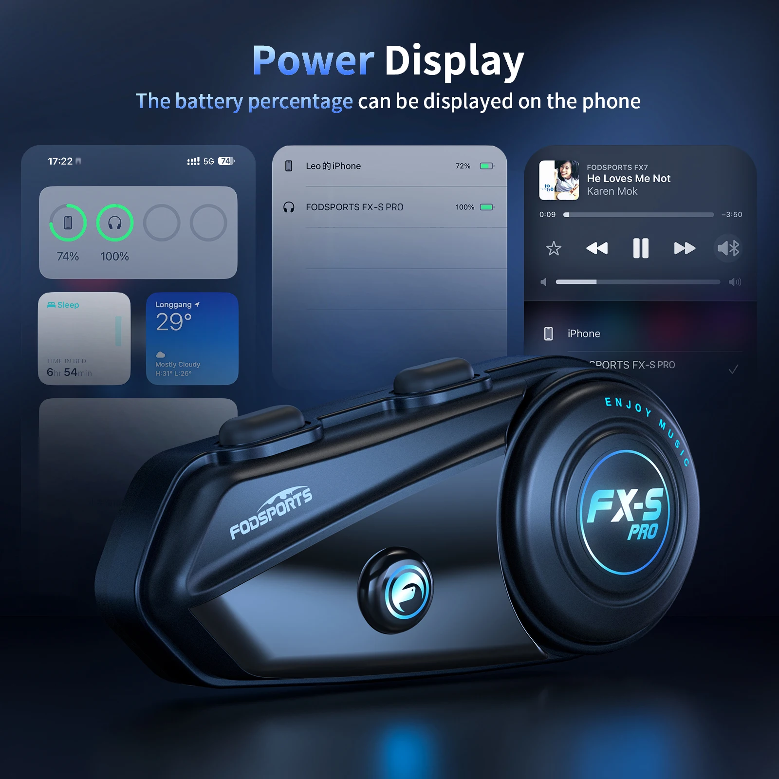 Мотоциклетная гарнитура Fodsports FX-S Pro, гарнитура для шлема с Bluetooth, система связи для мотоциклистов, BT 5.4, шесть сменных насадок. (art.: 3920dca186f86) - 3920dca186f86