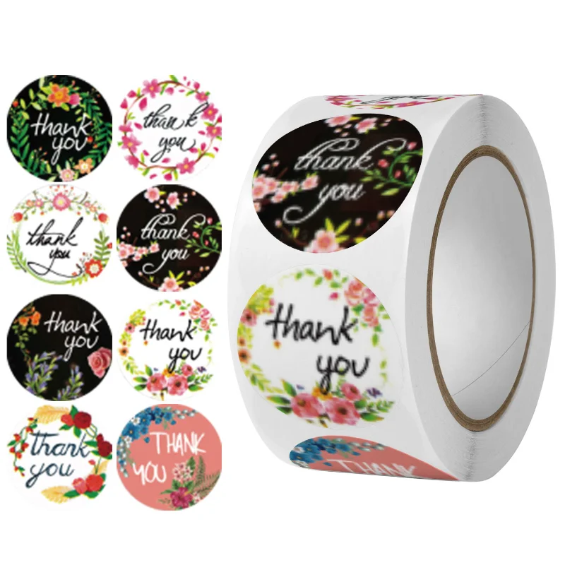 

500pcs 8 styles Thank You Sticker for Seal Labels Round Floral Multi Color Labels Sticker handmade offer Stationery Sticker