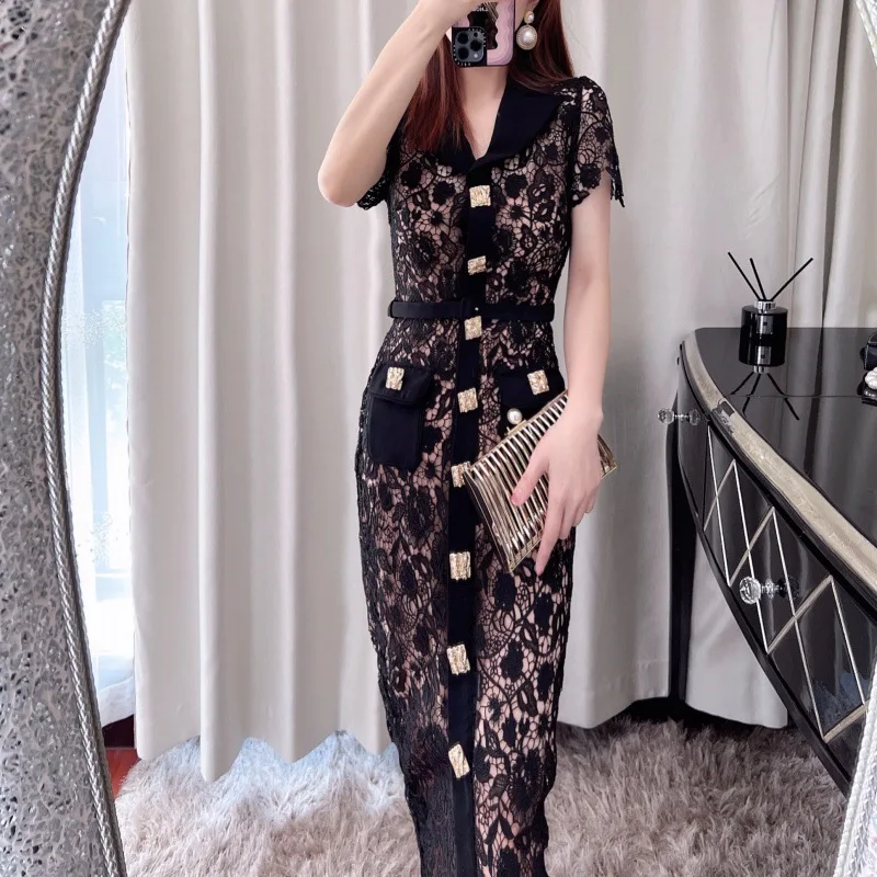 

Dresses for Women 2022 Elegant Birthday Party Mermaid Dress Long Black Lace Flared Sleeves V-neck Maxi Embroidery Clothes Korean