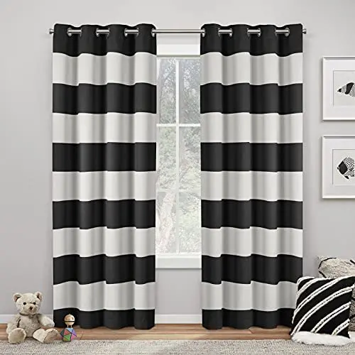 

Rugby Striped Kids Twill Room Darkening Blackout Grommet Top Curtain Panel Pair, 52"x84", Black