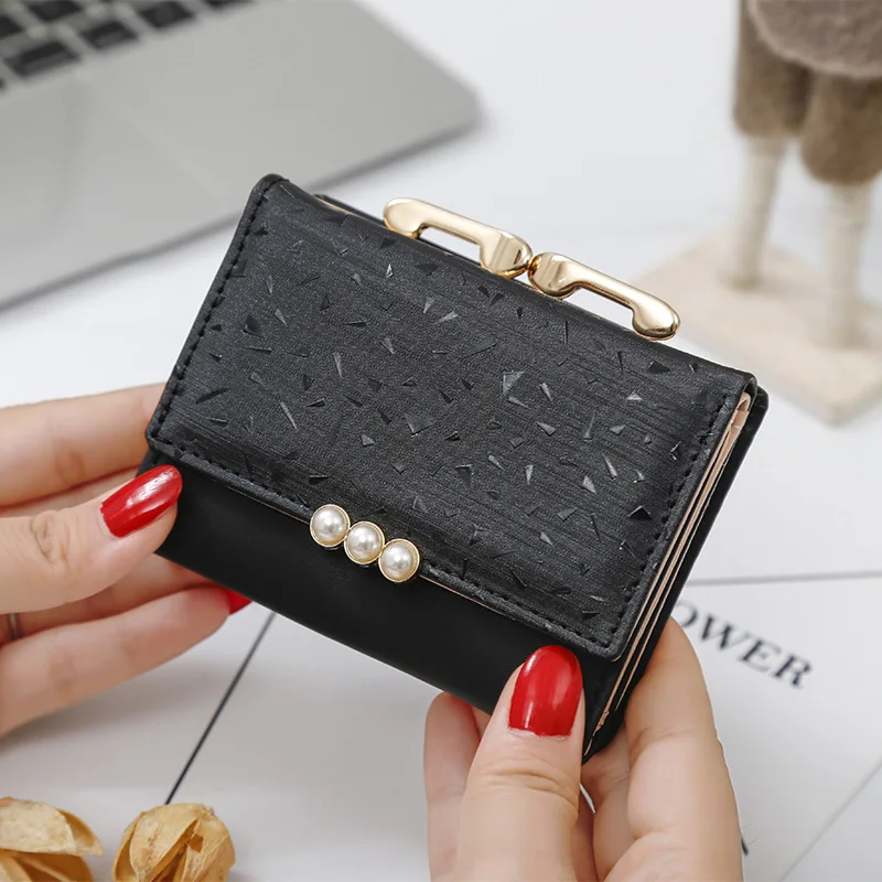 

Mini Pearl Element Tri fold Women Wallets Short Soft Leather Ladies Purse Clamp Designer Coin Pocket Card Holder Female Wallet