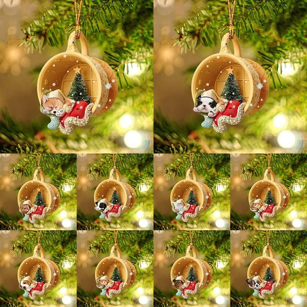 

Креативные рождественские украшения на елку, милая Спящая собака в рождественской сцене, подвесные Подвески в чашке для сна, Новый год и Рождество