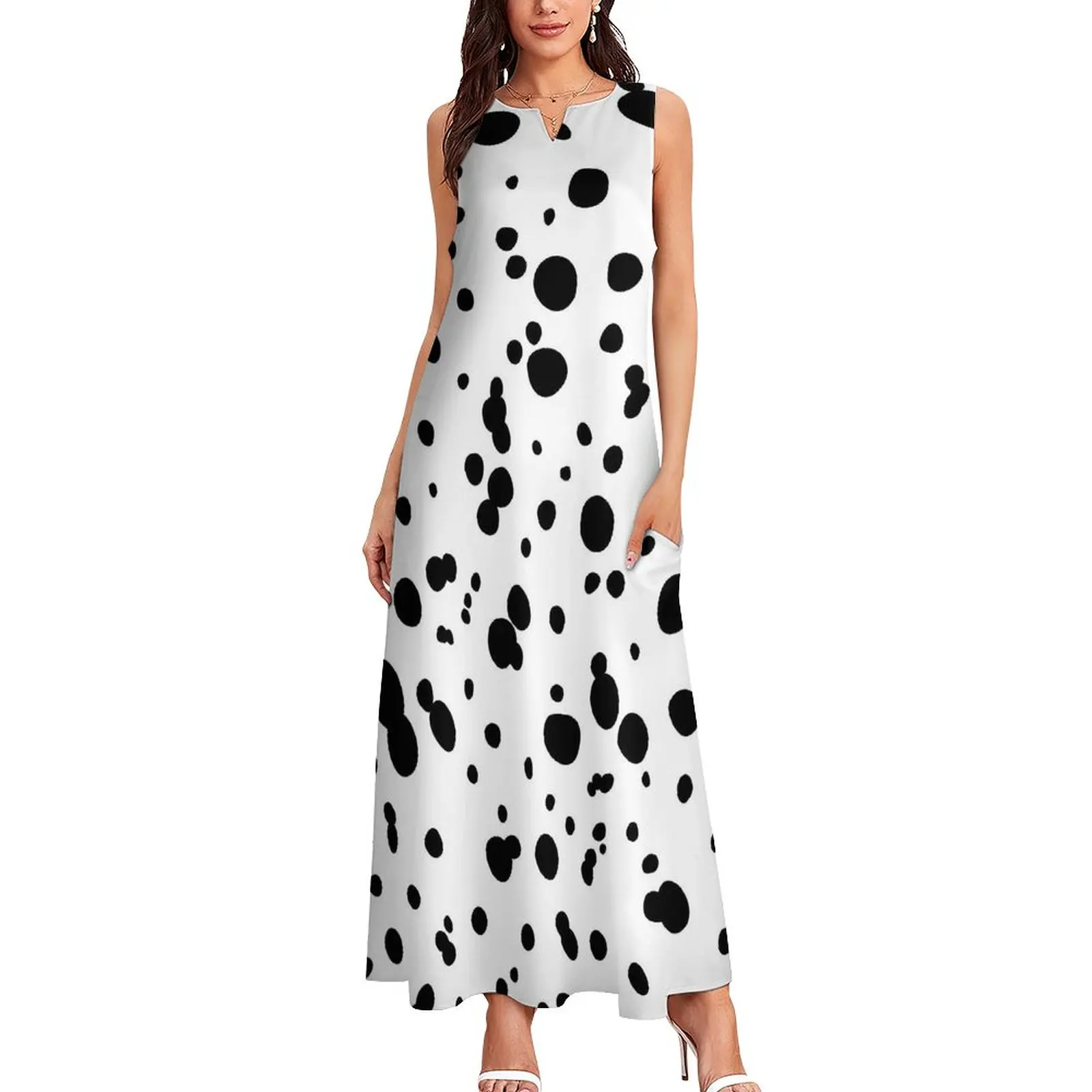 

Dalmatian Spots Print Dress Animal Dots Party Maxi Dress V Neck Pattern Bohemia Long Dresses Aesthetic Oversized Vestido