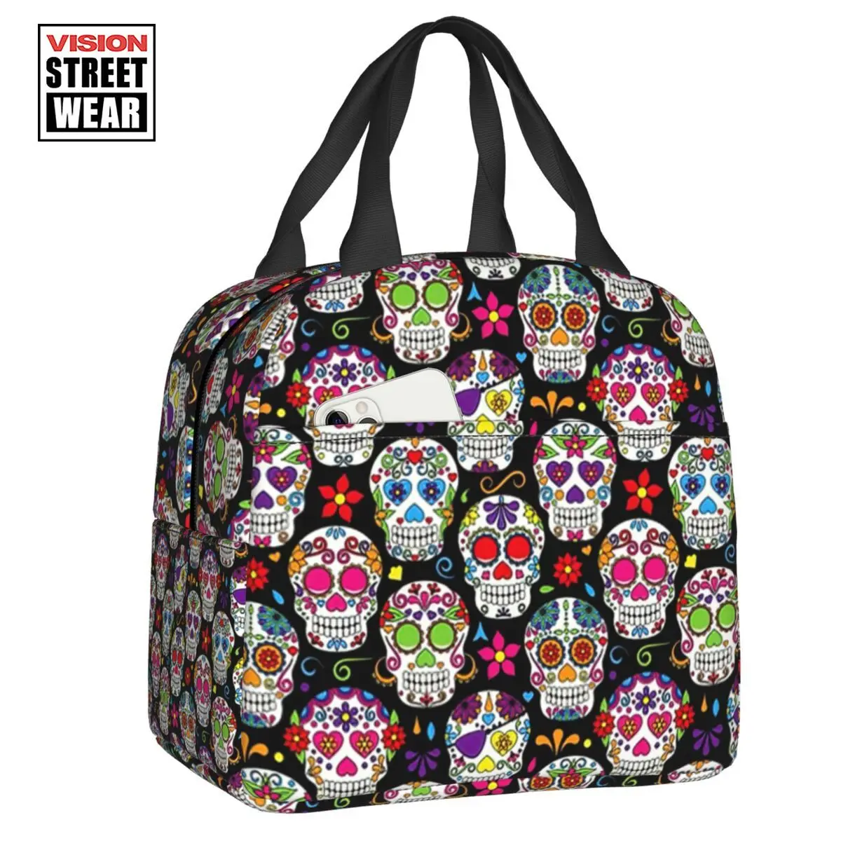 

Brightly Colored Sugar Skulls Insulated Lunch Bag For Women Mexican Day Of The Dead Thermal Cooler Bento Box Picnic Travel