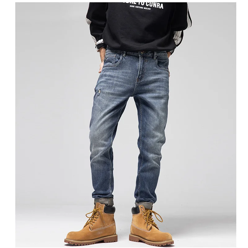Men's Wear European and American High Street Retro Slim Stretch Blue Jeans Small Straight Casual Pants Autumn and Winter Female