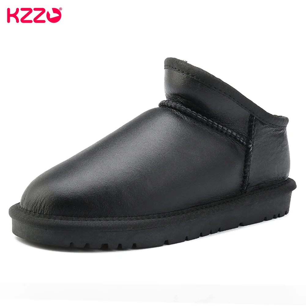 

KZZO Size 35-48 Men's Waterproof Sheepskin Leather Winter Ankle Snow Boots Sheep Wool Fur Lined Warm Short Slip-On Shallow Shoes