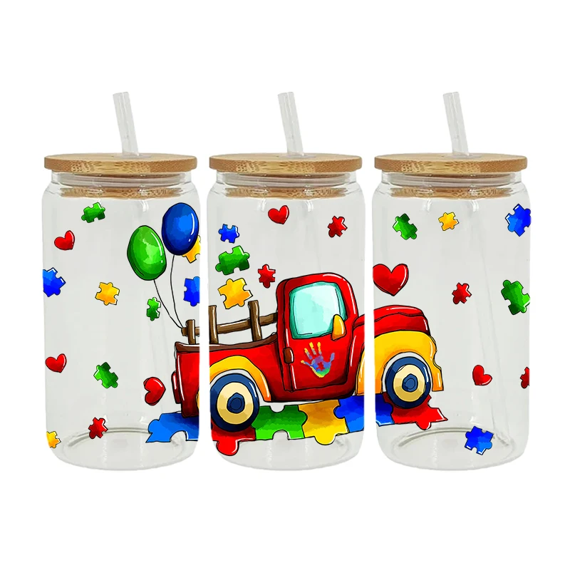 Мультяшный аутизм 3D UV DTF переводная наклейка для 16oz Libbey очки обертывает бутылки