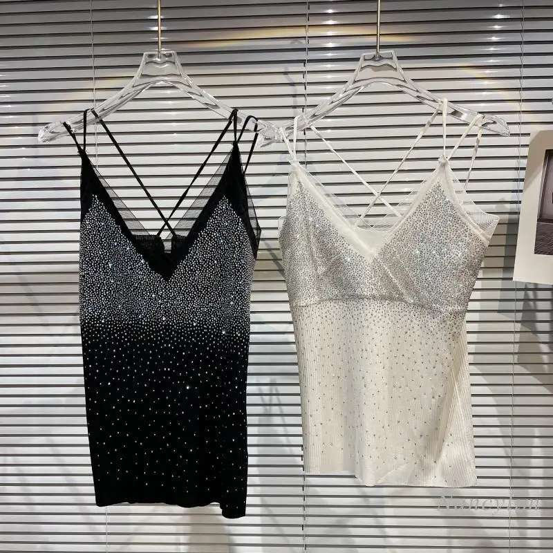 

2022 Spring New Clothing Ladies Gradient Rhinestone Hot Drill Sexy Camisole Tank Top Ladies Nightclub Crop Top