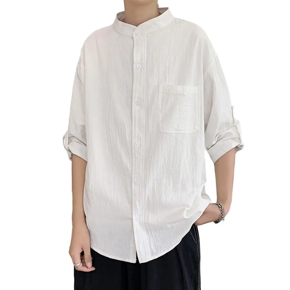 

Solid Color Button Down Shirt Stylish Men's Stand Collar 3/4 Sleeve Shirt Solid Color Loose Fit Casual Workwear for A Trendy