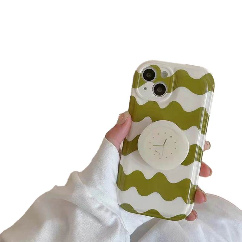 

Green Wave Pattern Bracket Air Cushion Phone Case For Iphone 13 12 14 11 Pro Max X Xr Xs Max 7 8 Plus Lens Protection Soft Cover