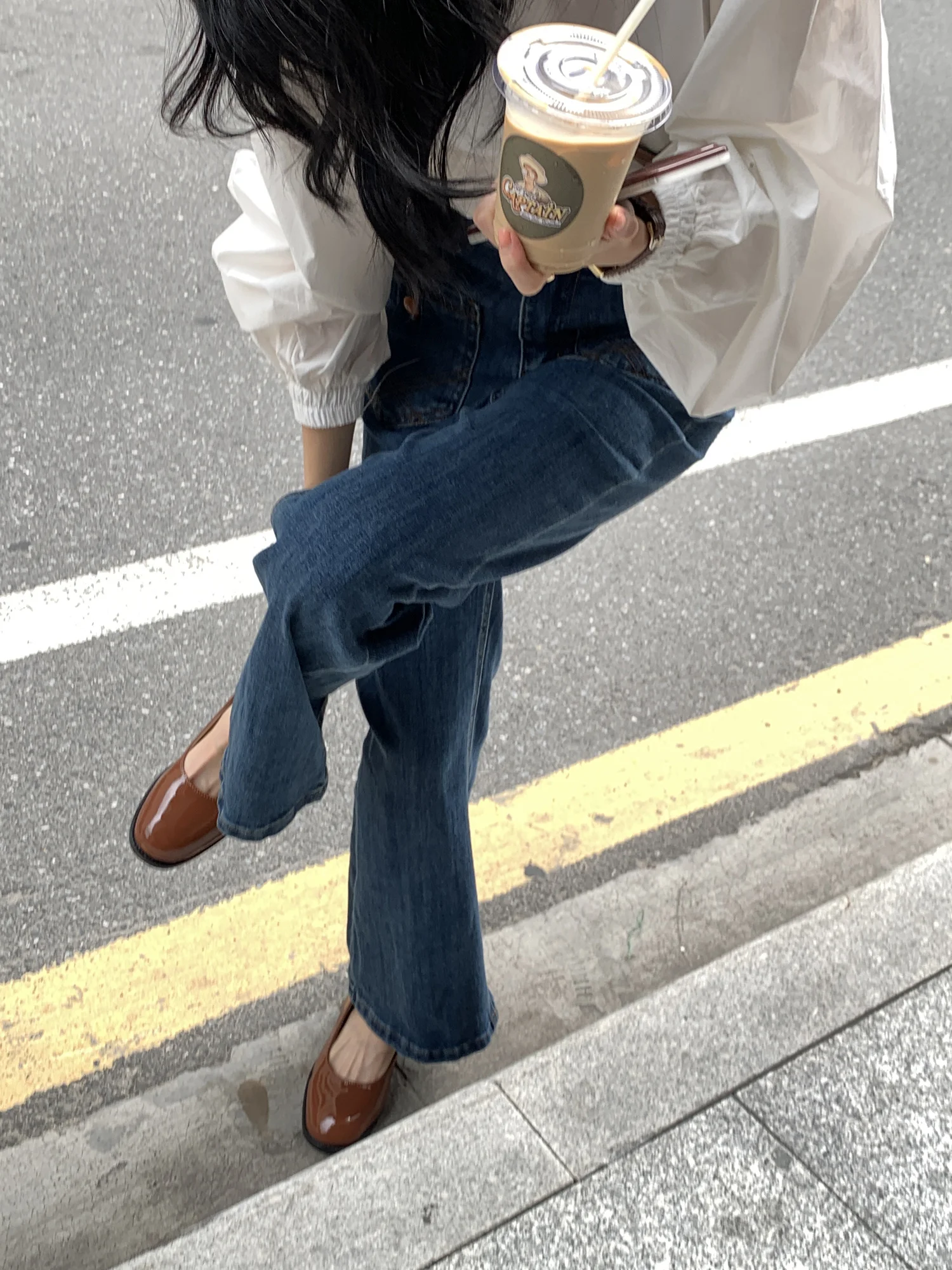 

Dark Blue Homemade Skinny Jeans Women's Design Sense Niche Autumn and Winter High Waist Retro Bell-Bottom Pants Wide-Leg