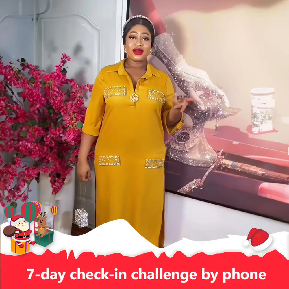 

African Dresses for Women Spring Autumn African 3/4 Sleeve V-neck Polyester White Black Red Yellow Long Dress Maxi Dress L-2XL