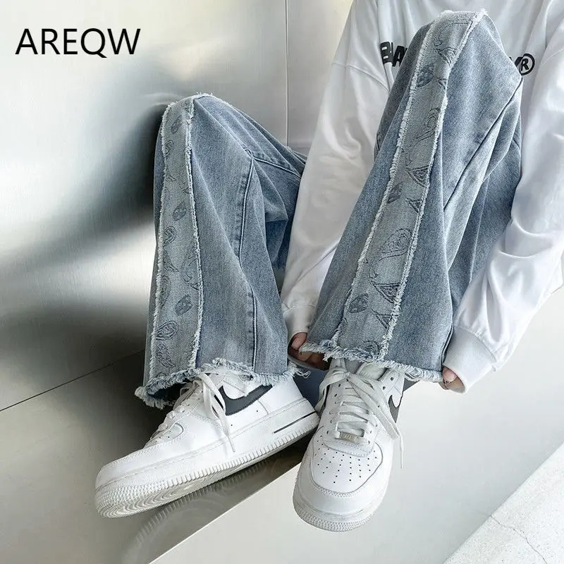 

Men's Spring and Autumn Best Selling Side Splicing Jeans Male Students Wide Leg Hong Kong Wind Loose Straight Pants men pants