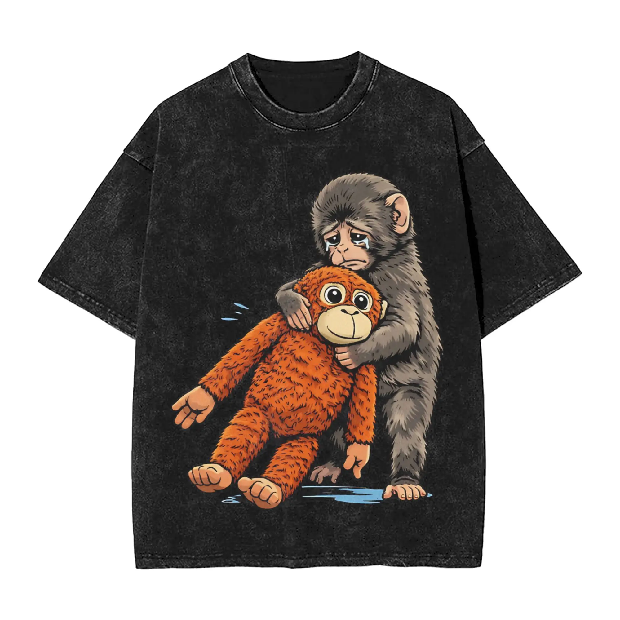 Фото Футболка с принтом «Punch the Monkey Japan Makak Sad Monkey and His Toy», оригинальные футболки, топы в уличном стиле, хлопковые футболки оверсайз с круглым вырезом №1