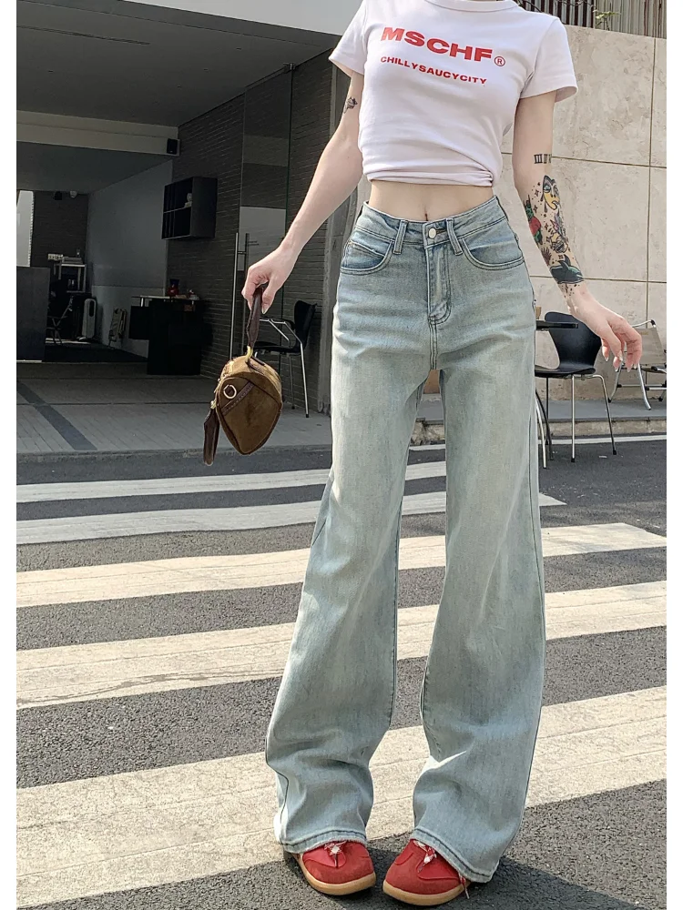 HOUZHOU Women Jeans Vintage Gyaru Star Girl Y2k Baggy Denim Trousers Korean Streetwear Acubi Fashion Casual Blue Wide Leg Jeans