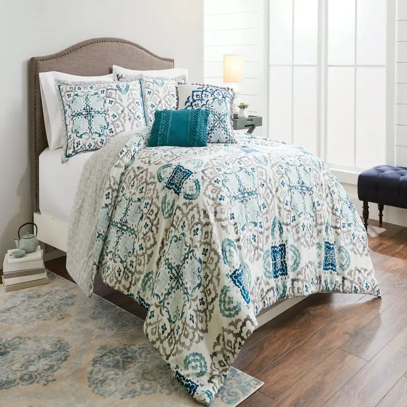 

Blue Carved Medallion 5-Piece Comforter Set, Full/Queen For Adults