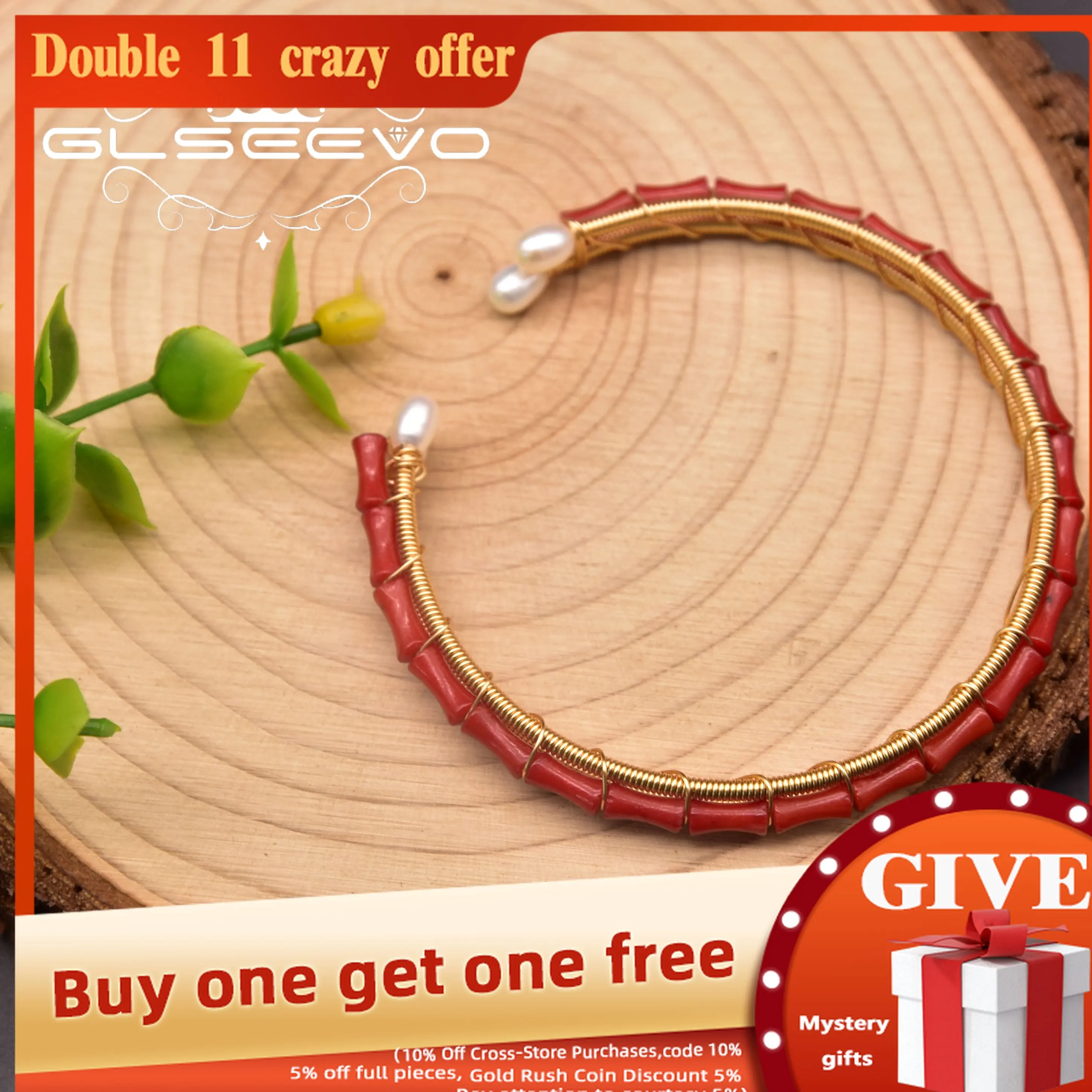 

GLSEEVO Natural Freshwater Pearl Coral Set Brass 18k Gold Plated Bracelet Women Wedding Engagement Vintage Gift Jewelry GB0961