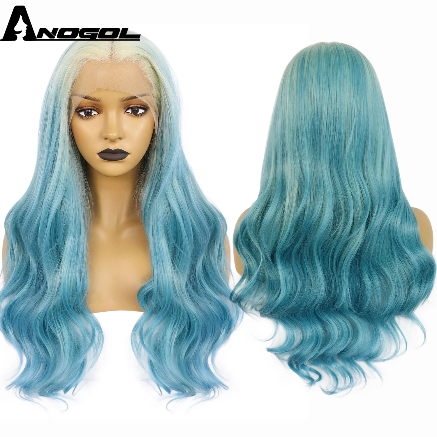 ANOGOL Synthetic Wigs 28IN/30IN 13X4 Lace Front Wigs Light Blue White Long Wave Ombre Blonde Lolita Natural Wavy Wig for Women