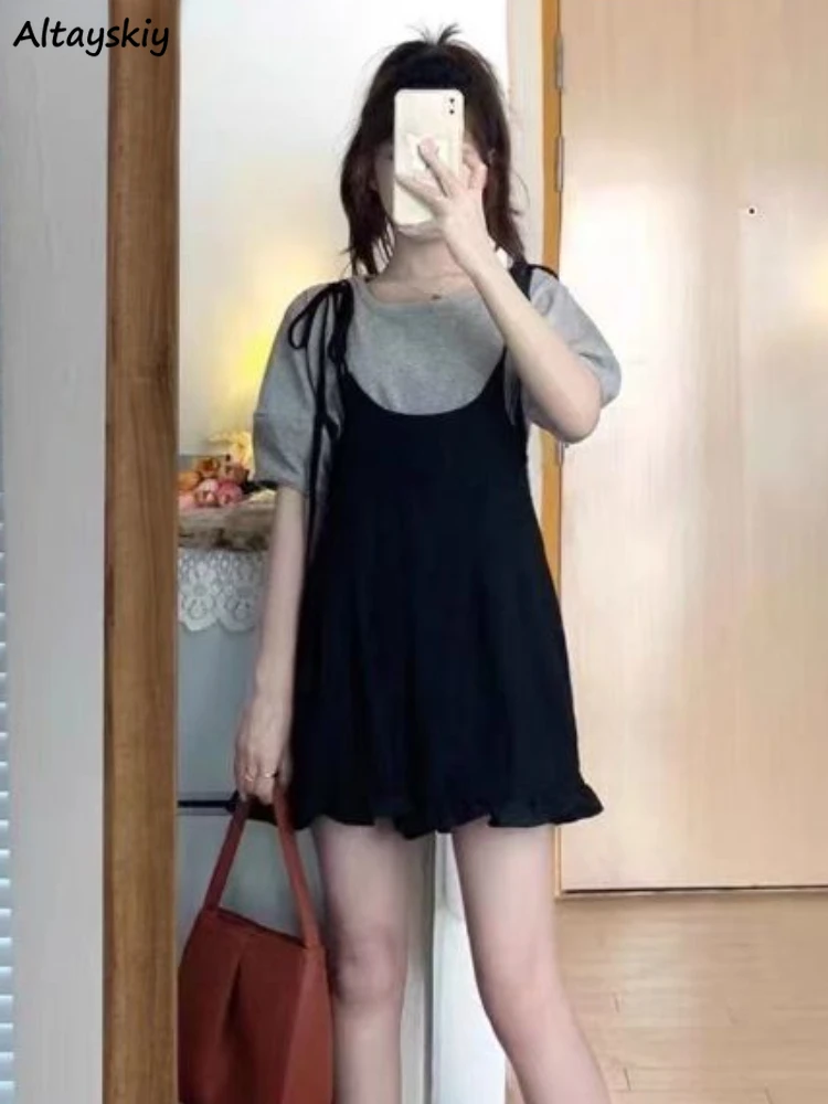 

Sets Women Short-sleeve Hotsweet Solid All-match Tops Mini Dresses Preppy Bandage Fashion Ruffles Tender Casual Korean Style Ins