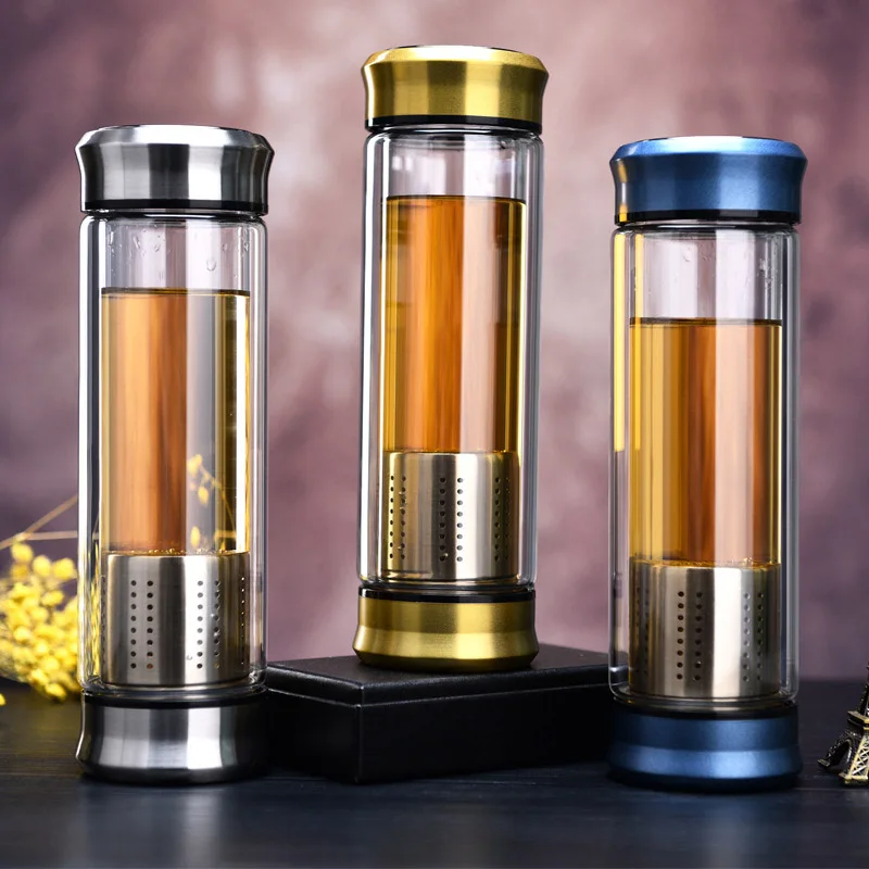 

300ML 400ML Glass Water Bottle with Loose Leaf Tea Double Wall Glass Bottle Strainer Thermos Tea Infuser Free To Disassemble