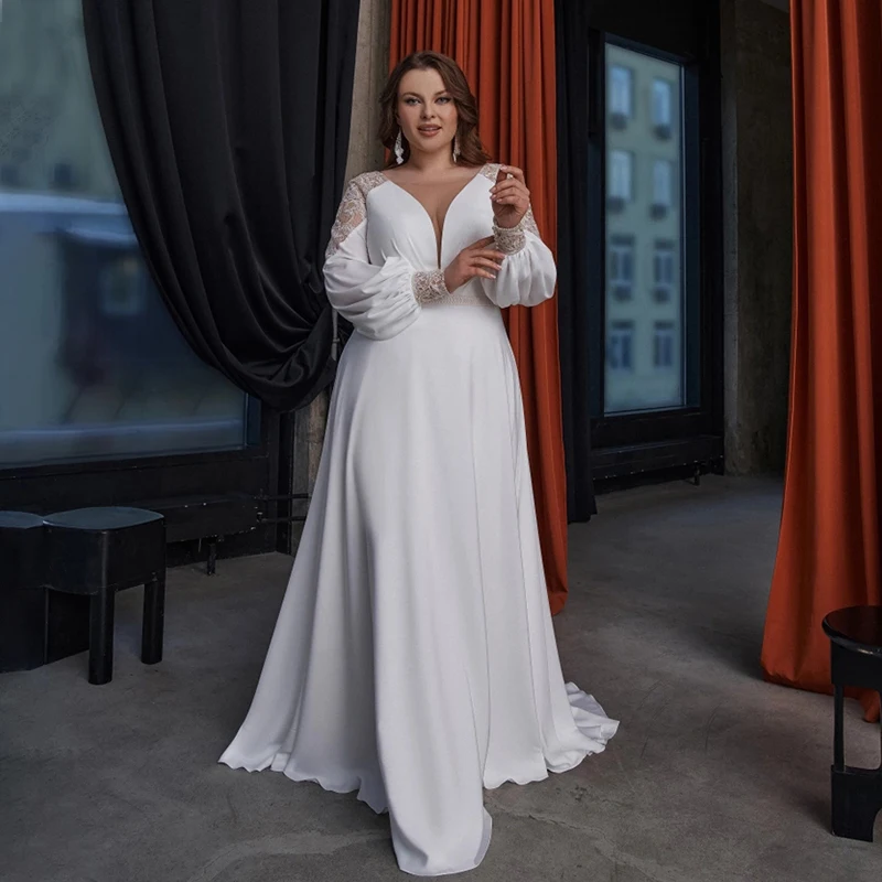 

Modest V-Neck A-Line Wedding Dress Long Sleeves Lace Appliques Sweep Train Bridal Gowns Vestido De Novia