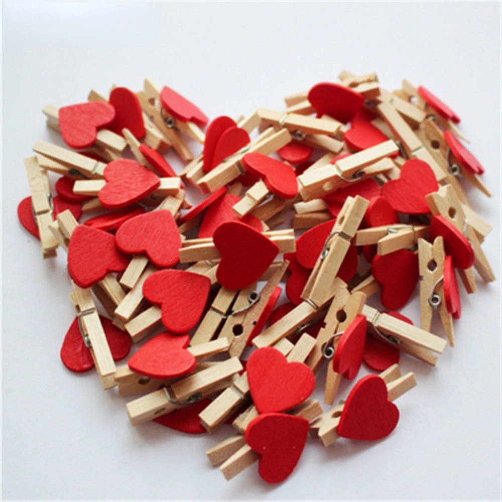

50pcs/lot Red Heart Love Wooden Clothes Photo Paper Peg Pin Mini Clothespin Postcard Clips Home Wedding Decoration Stationery