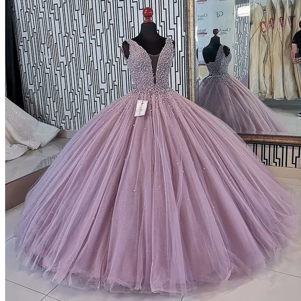 

ANGELSBRIDEP Sexy Lilac Quinceanera Dresses Ball Gown V-neck Tulle Pearls Puffy Mexican Sweet 16 Dresses 15 Anos Corset