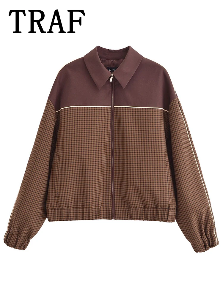 TRAF женская осенняя куртка 2024 модное укороченное пальто в клетку куртки на молнии