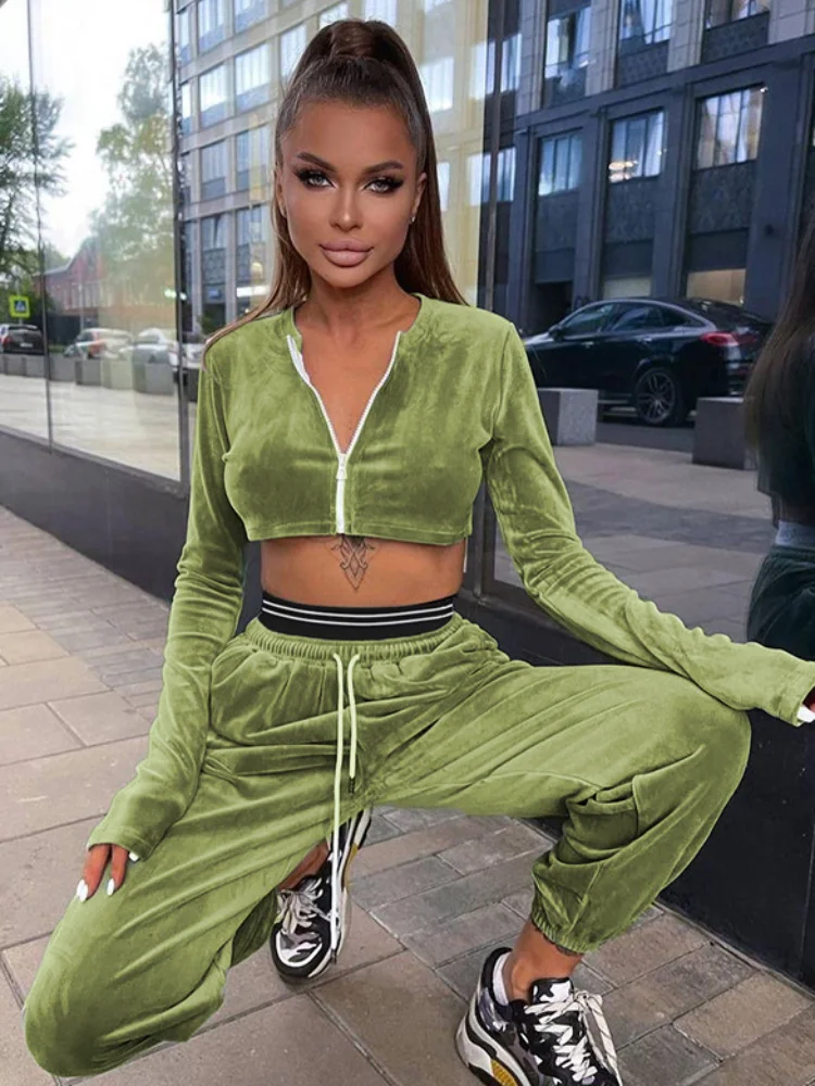 

Женский бархатный спортивный костюм, повседневный комплект из двух предметов, укороченный топ с О-образным вырезом, на молнии, с высокой тал...