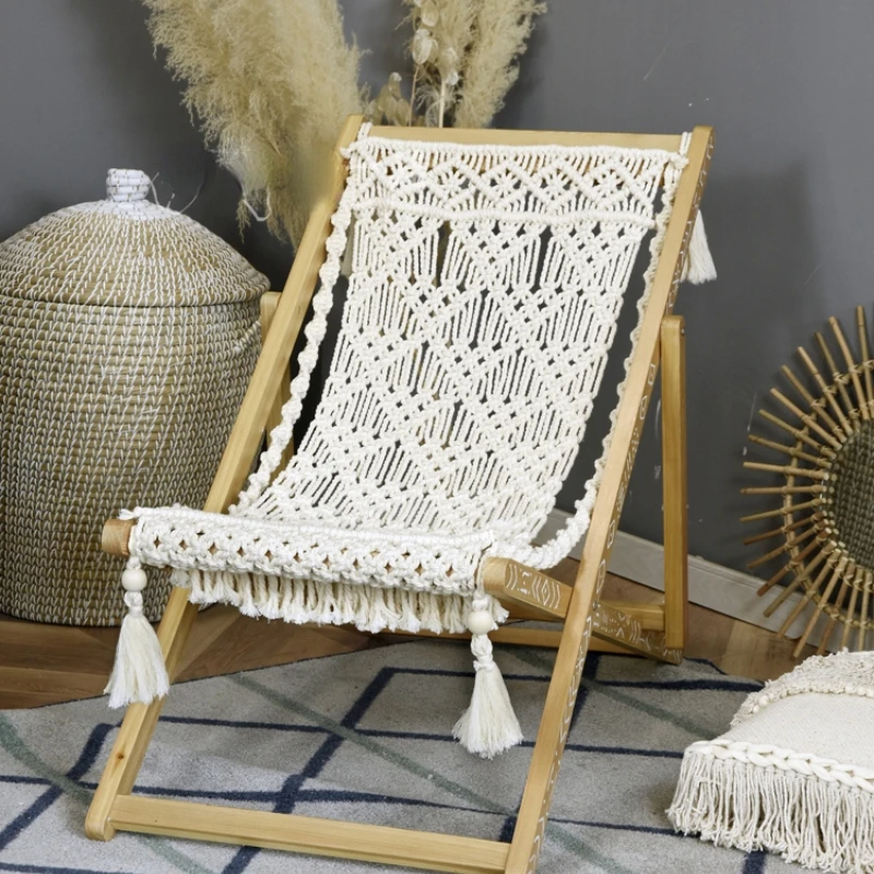 

Hand-Woven Recliner Moroccan Ethnic Style Folding Chair Solid Wood Adult Leisure Chair