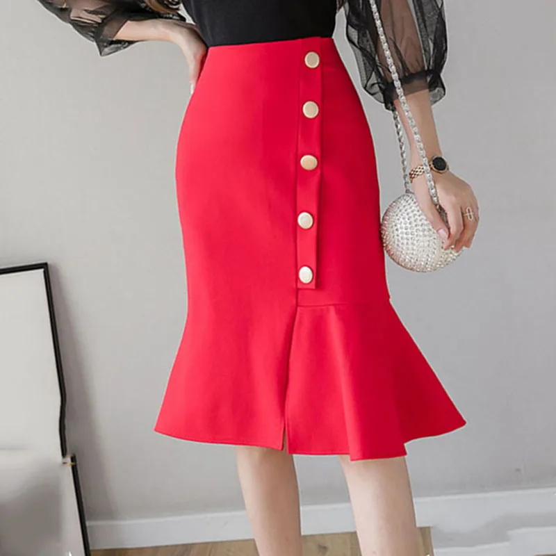 

Женская эластичная офисная юбка, черная юбка средней длины с высокой талией в Корейском стиле, весна-лето 2023