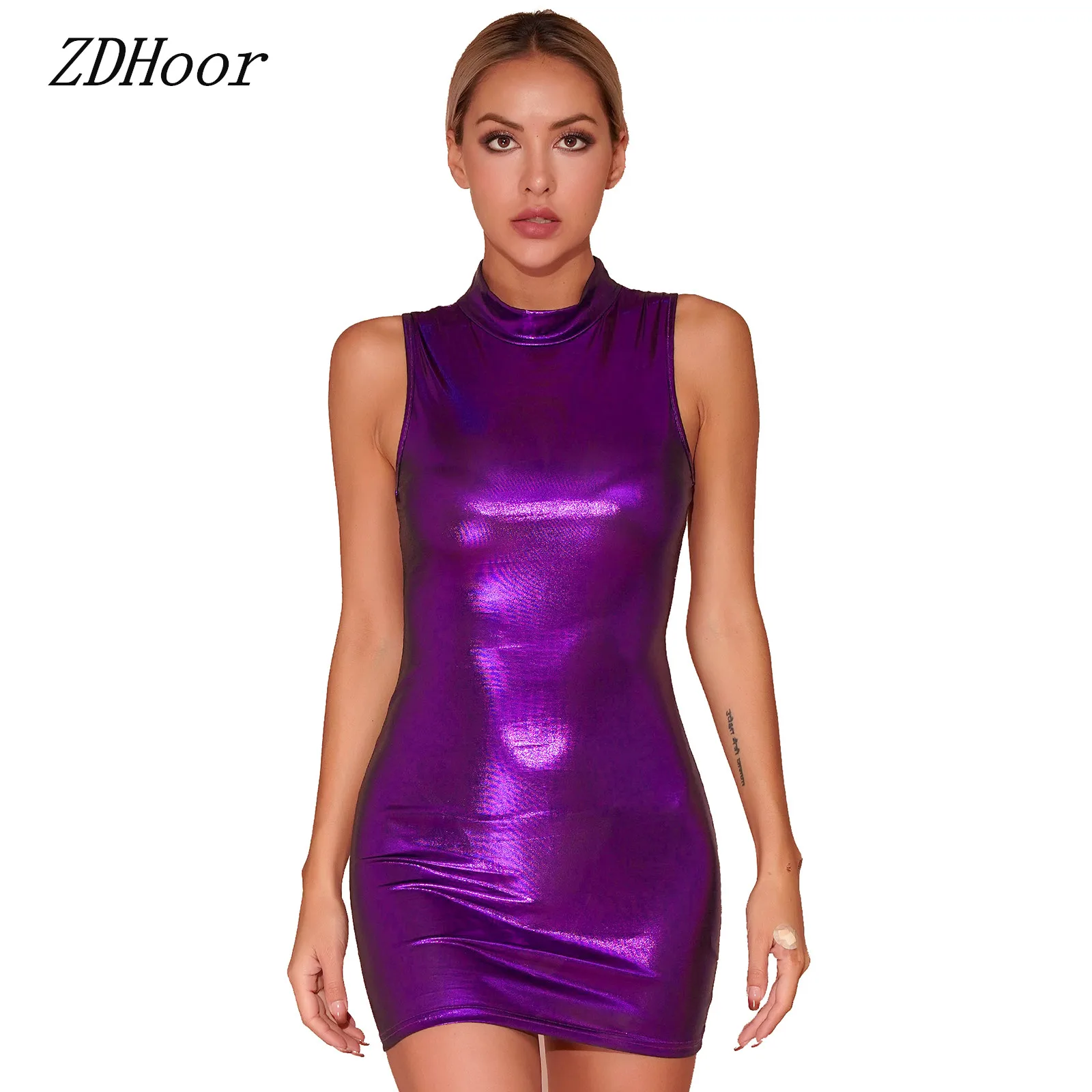 

Sexy Shiny Sleeveless Dress Women Fashion Bodycon Metallic Mock Neck Mini Dresses Cocktail Party Club Wear