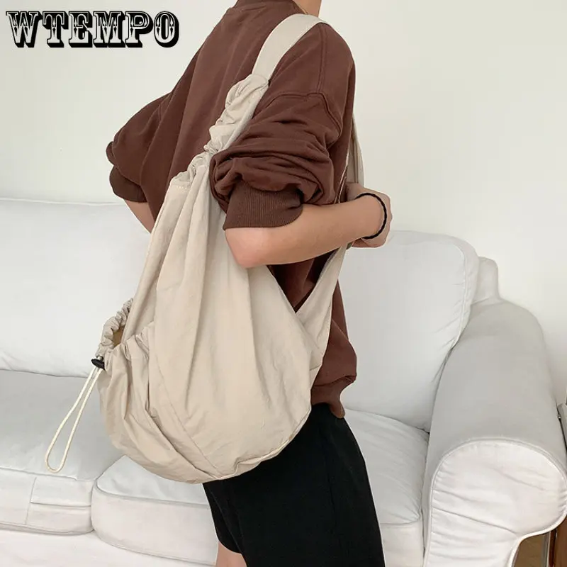 Casual Ruched Drawstring Shoulder Bags for Women Large Capacity Portable Outdoor Messenger Bag Sports Fitness Handbag Simple