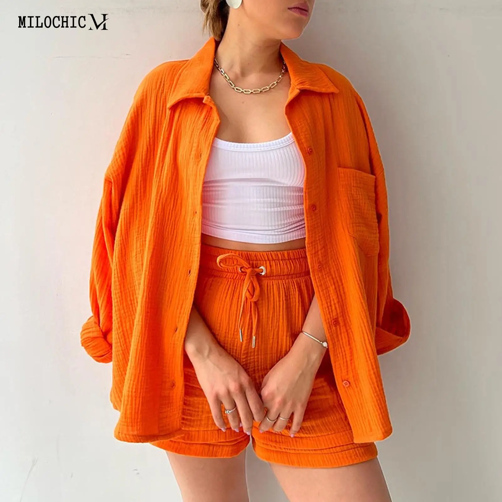

Women Summer 2 Piece Outfits Loose Fit Cotton Long Sleeve Top Shorts Elastic Waist Turn Down Collar Single Breasted Daily Outfit